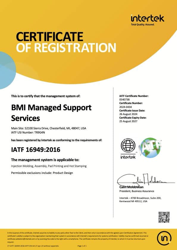 Certificate of Registration for BMI Managed Support Services.